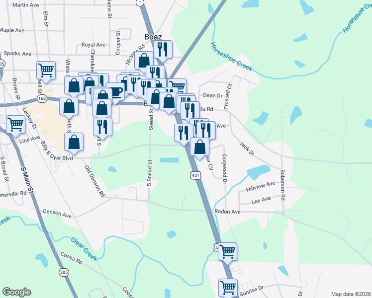 map of restaurants, bars, coffee shops, grocery stores, and more near 595 U.S. 431 in Boaz