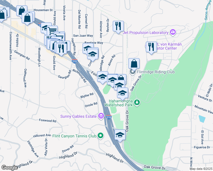 map of restaurants, bars, coffee shops, grocery stores, and more near 200 Foothill Boulevard in La Cañada Flintridge