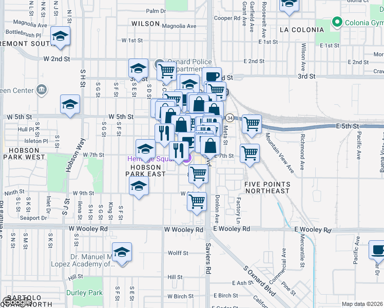 map of restaurants, bars, coffee shops, grocery stores, and more near 640 South B Street in Oxnard