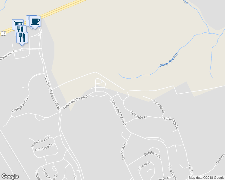 map of restaurants, bars, coffee shops, grocery stores, and more near 1118 Walbury Court in Leland