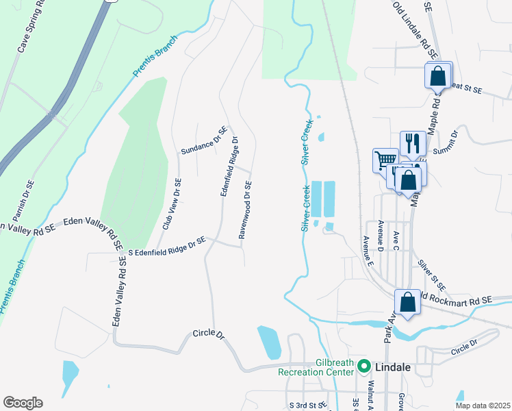 map of restaurants, bars, coffee shops, grocery stores, and more near 280 Ravenwood Drive Southeast in Rome