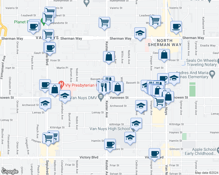 map of restaurants, bars, coffee shops, grocery stores, and more near 6840 Kester Avenue in Los Angeles