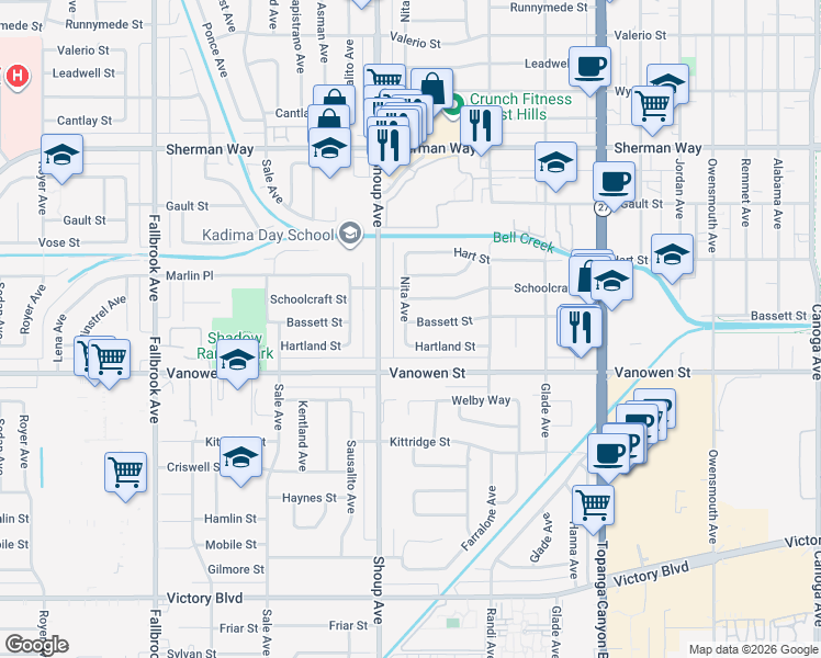 map of restaurants, bars, coffee shops, grocery stores, and more near 22370 Bassett Street in Los Angeles