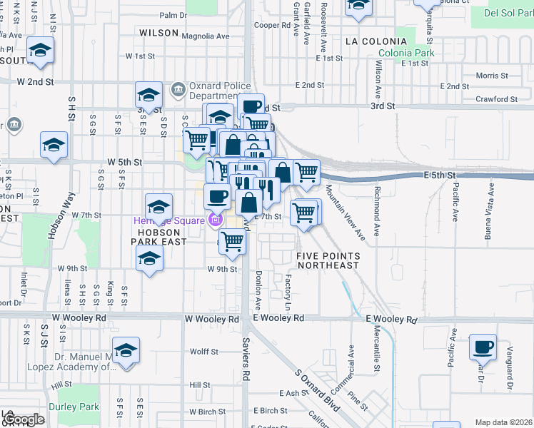 map of restaurants, bars, coffee shops, grocery stores, and more near 155 East 7th Street in Oxnard