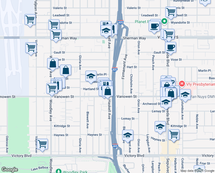 map of restaurants, bars, coffee shops, grocery stores, and more near 6845 Haskell Avenue in Los Angeles