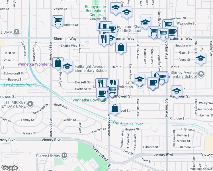map of restaurants, bars, coffee shops, grocery stores, and more near 6845 Winnetka Avenue in Los Angeles