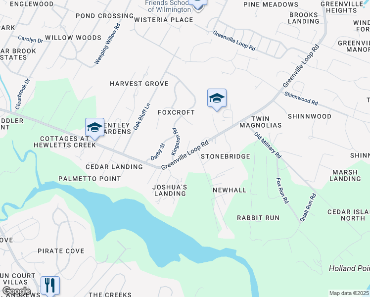 map of restaurants, bars, coffee shops, grocery stores, and more near 2544 Tonbo Trail in Wilmington