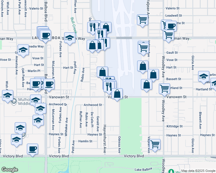 map of restaurants, bars, coffee shops, grocery stores, and more near 6842 Hayvenhurst Avenue in Los Angeles
