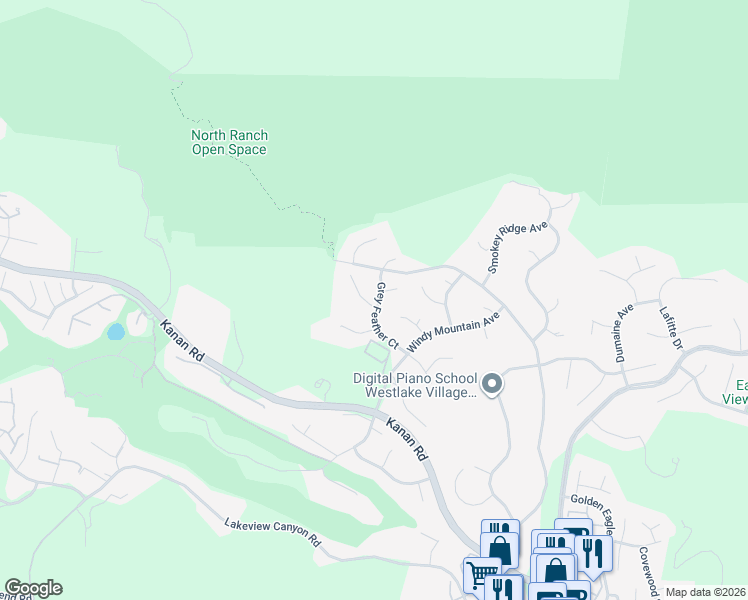 map of restaurants, bars, coffee shops, grocery stores, and more near 5520 Grey Feather Court in Westlake Village