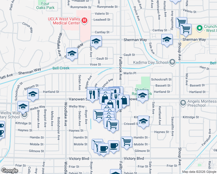 map of restaurants, bars, coffee shops, grocery stores, and more near 22901 Bassett Street in Los Angeles