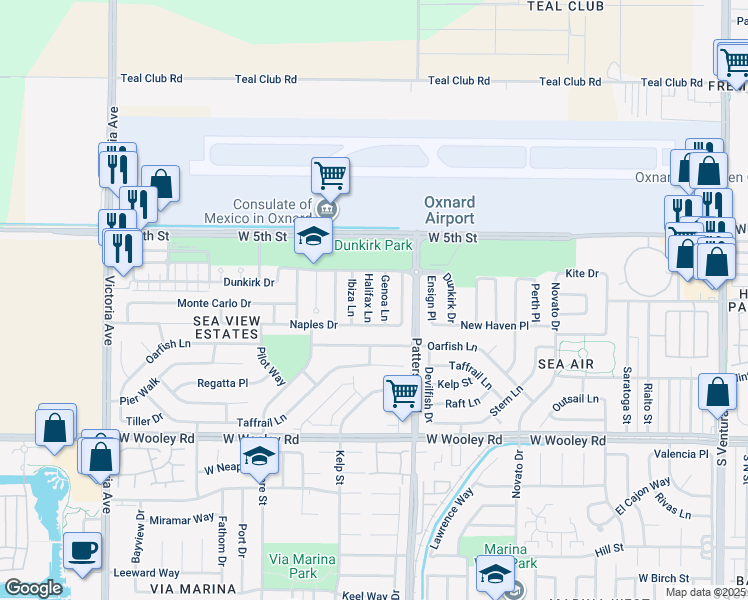 map of restaurants, bars, coffee shops, grocery stores, and more near 664 Halifax Lane in Oxnard