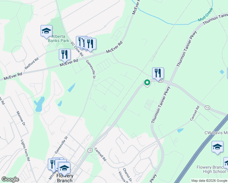 map of restaurants, bars, coffee shops, grocery stores, and more near 5183 Gainesville Street in Flowery Branch