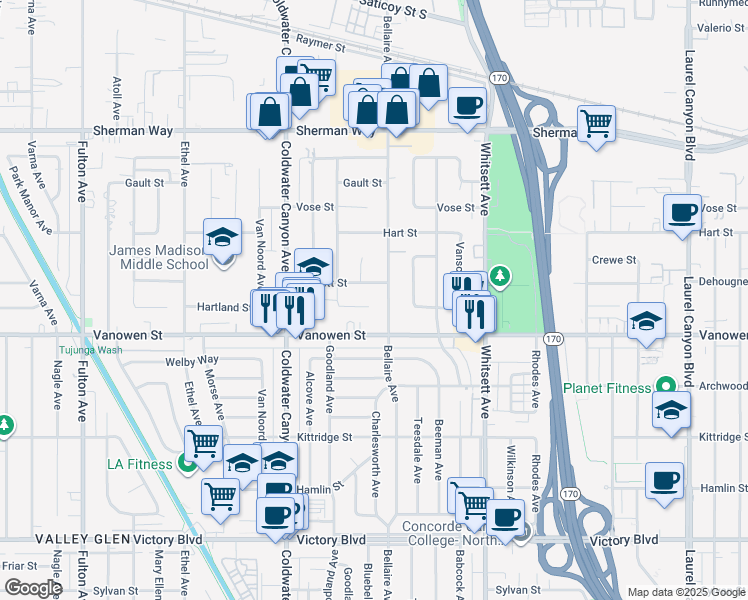 map of restaurants, bars, coffee shops, grocery stores, and more near 12715 Hartland Street in Los Angeles