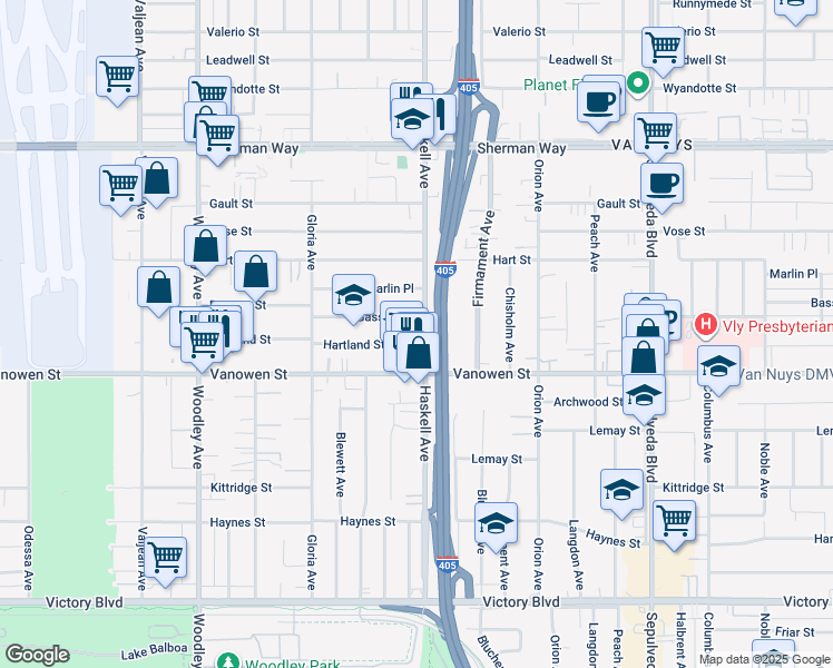 map of restaurants, bars, coffee shops, grocery stores, and more near 6845 Haskell Avenue in Los Angeles