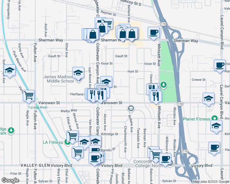 map of restaurants, bars, coffee shops, grocery stores, and more near 12754 Bassett Street in Los Angeles