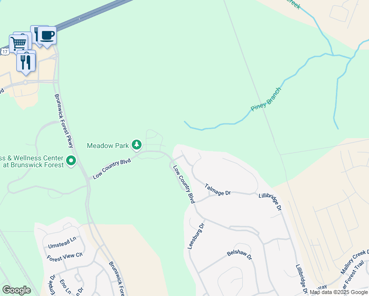 map of restaurants, bars, coffee shops, grocery stores, and more near 1112 Walbury Court in Leland