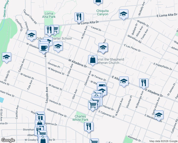 map of restaurants, bars, coffee shops, grocery stores, and more near 2941 Glenrose Avenue in Altadena