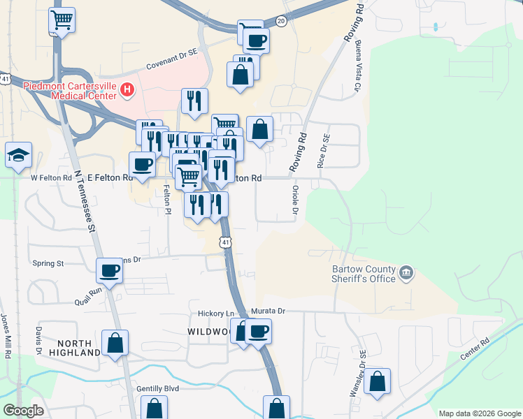 map of restaurants, bars, coffee shops, grocery stores, and more near 3 Latimer Road in Cartersville