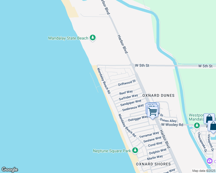 map of restaurants, bars, coffee shops, grocery stores, and more near 5531 Driftwood Street in Oxnard