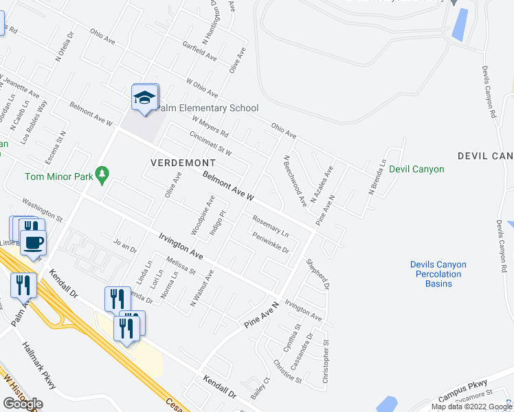 map of restaurants, bars, coffee shops, grocery stores, and more near 2595 Belmont Avenue West in San Bernardino