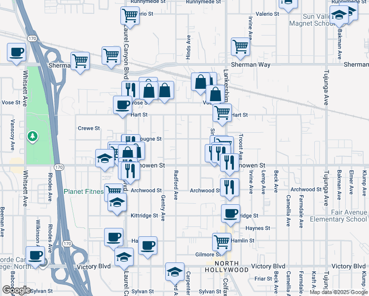 map of restaurants, bars, coffee shops, grocery stores, and more near 6856 Radford Avenue in Los Angeles