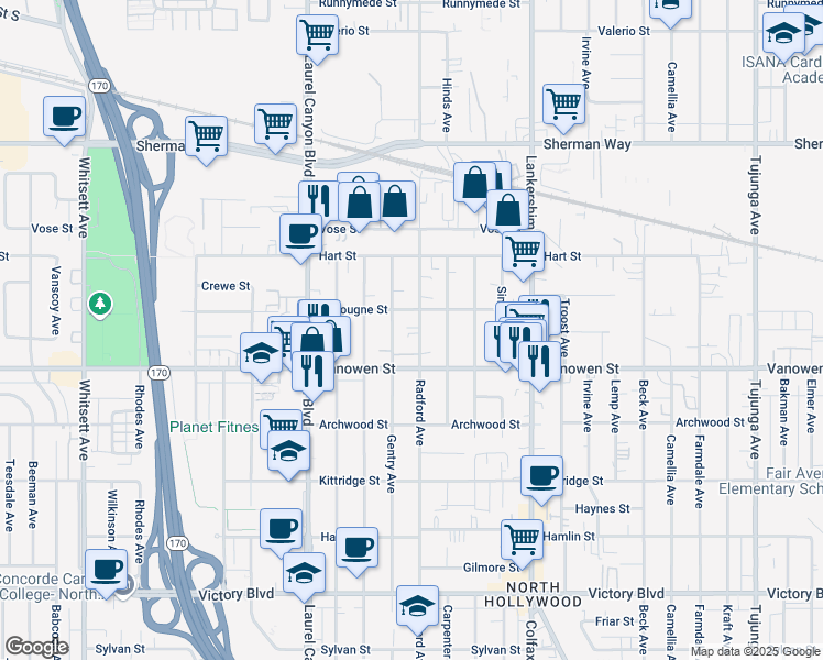 map of restaurants, bars, coffee shops, grocery stores, and more near 6856 Radford Avenue in Los Angeles