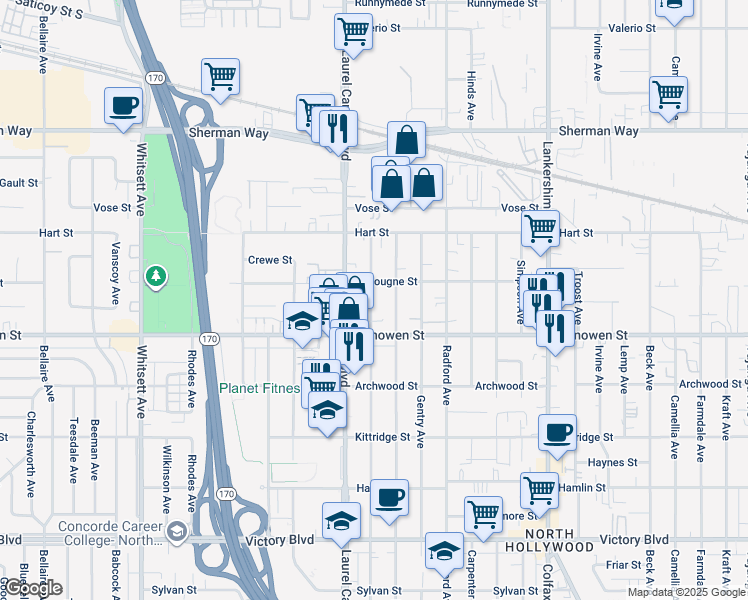 map of restaurants, bars, coffee shops, grocery stores, and more near 6856 Agnes Avenue in Los Angeles