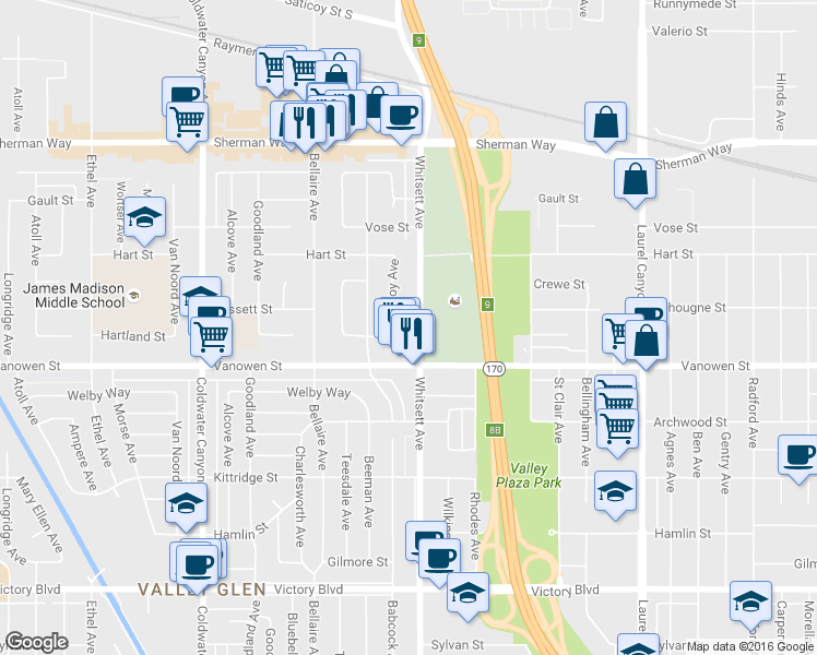 map of restaurants, bars, coffee shops, grocery stores, and more near 6857 Whitsett Avenue in Los Angeles