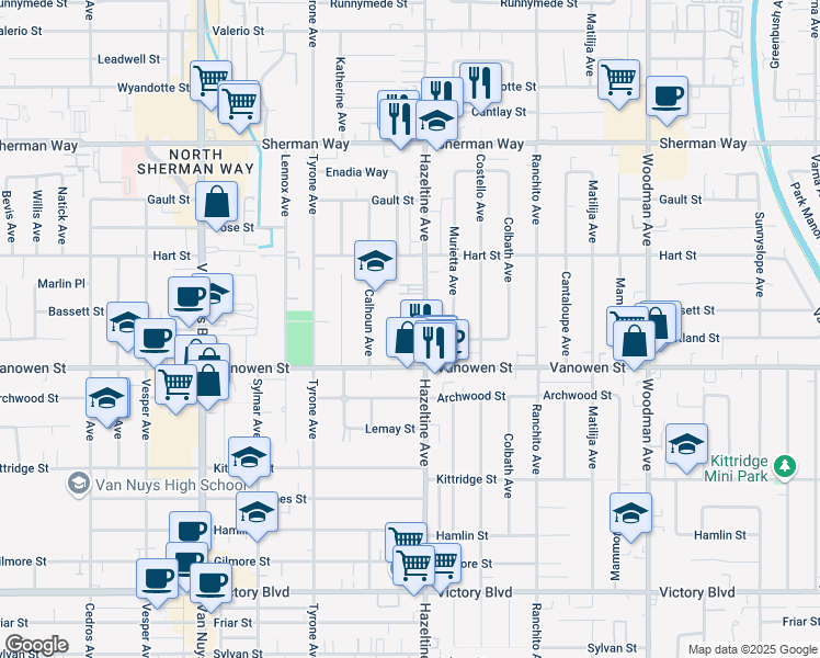 map of restaurants, bars, coffee shops, grocery stores, and more near 6853 Hazeltine Avenue in Los Angeles