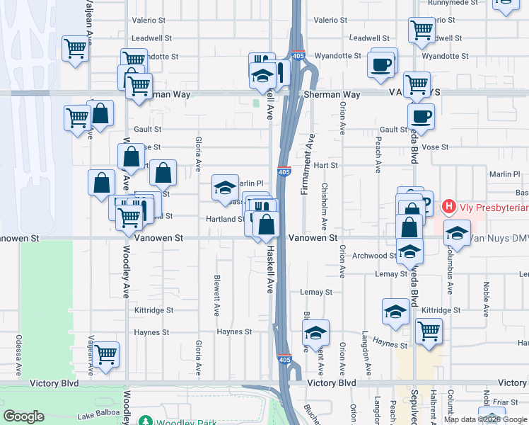 map of restaurants, bars, coffee shops, grocery stores, and more near 15724 Bassett Street in Los Angeles