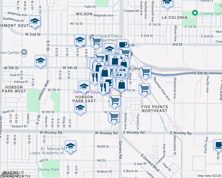 map of restaurants, bars, coffee shops, grocery stores, and more near 640 South B Street in Oxnard