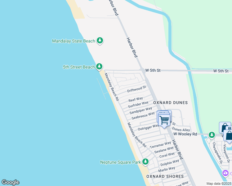 map of restaurants, bars, coffee shops, grocery stores, and more near 5455 Driftwood Street in Oxnard