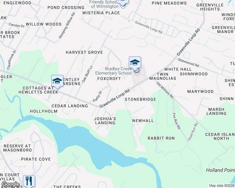 map of restaurants, bars, coffee shops, grocery stores, and more near 6100 Blenheim Pl in Wilmington