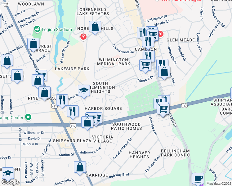 map of restaurants, bars, coffee shops, grocery stores, and more near 1184-1232 Harbour Drive in Wilmington