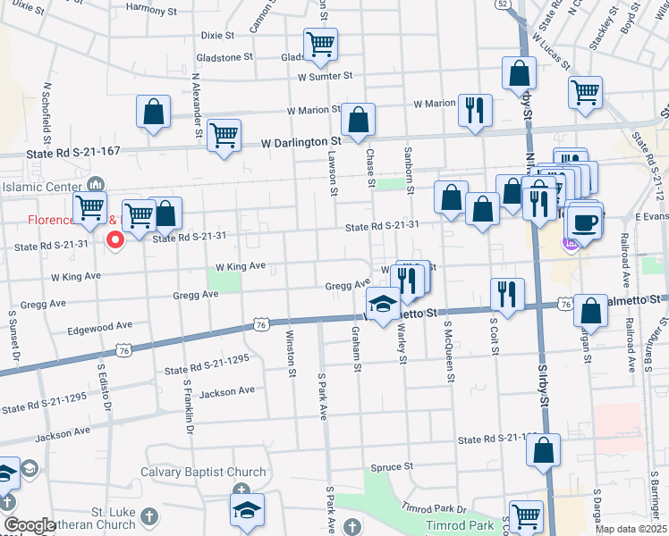 map of restaurants, bars, coffee shops, grocery stores, and more near 620 West King Avenue in Florence