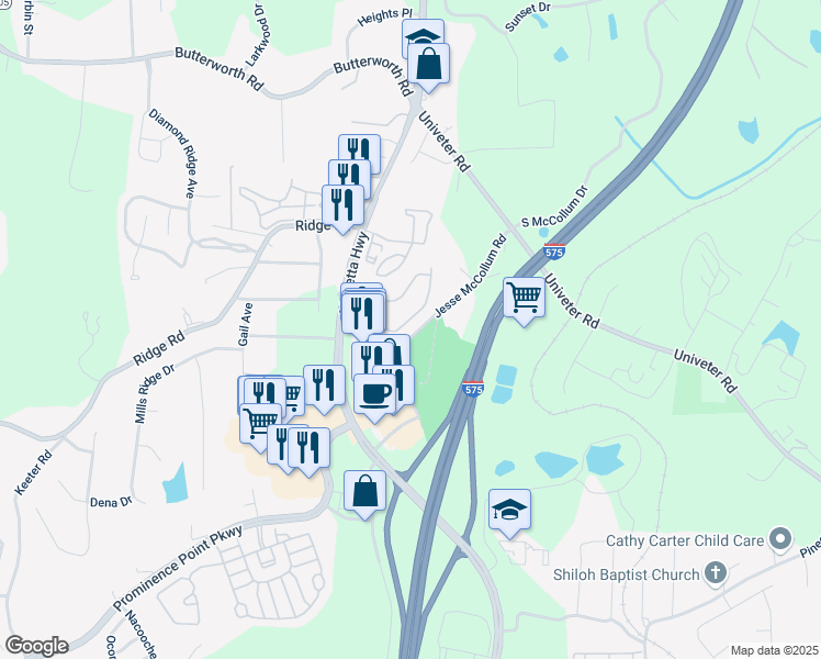map of restaurants, bars, coffee shops, grocery stores, and more near 224 Cottonwood Creek Circle in Canton