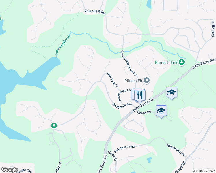 map of restaurants, bars, coffee shops, grocery stores, and more near 1375 Bridgemill Avenue in Canton