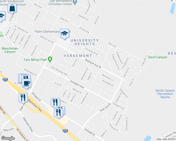 map of restaurants, bars, coffee shops, grocery stores, and more near 6275 Woodpine Avenue in San Bernardino