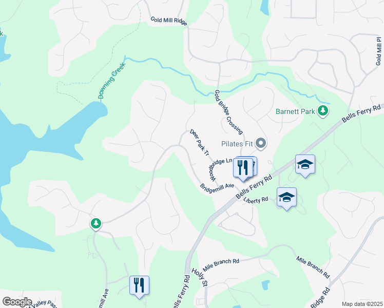 map of restaurants, bars, coffee shops, grocery stores, and more near 1375 Bridgemill Avenue in Canton