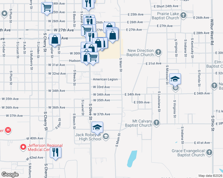 map of restaurants, bars, coffee shops, grocery stores, and more near 200 West 33rd Avenue in Pine Bluff