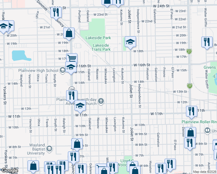 map of restaurants, bars, coffee shops, grocery stores, and more near 1312 Milwaukee Street in Plainview