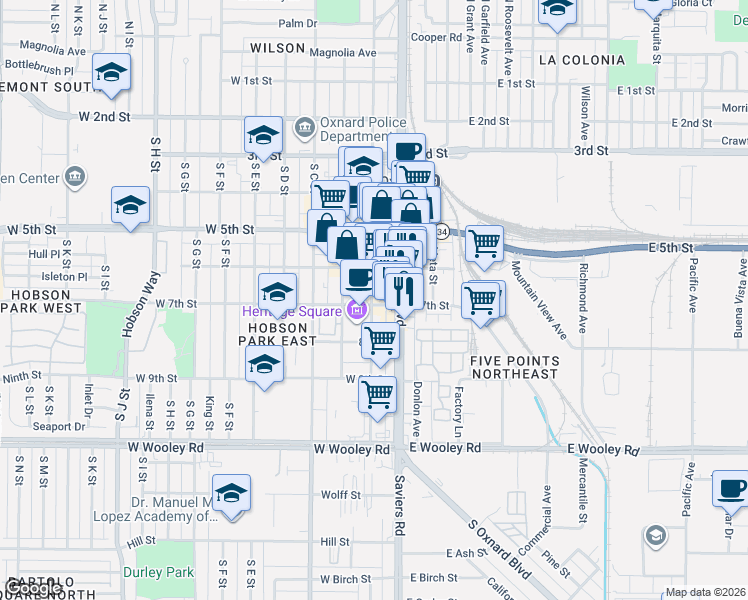 map of restaurants, bars, coffee shops, grocery stores, and more near 637 South Oxnard Boulevard in Oxnard