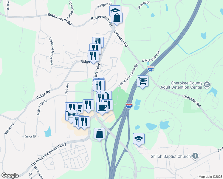 map of restaurants, bars, coffee shops, grocery stores, and more near 213 Cottonwood Creek Circle in Canton