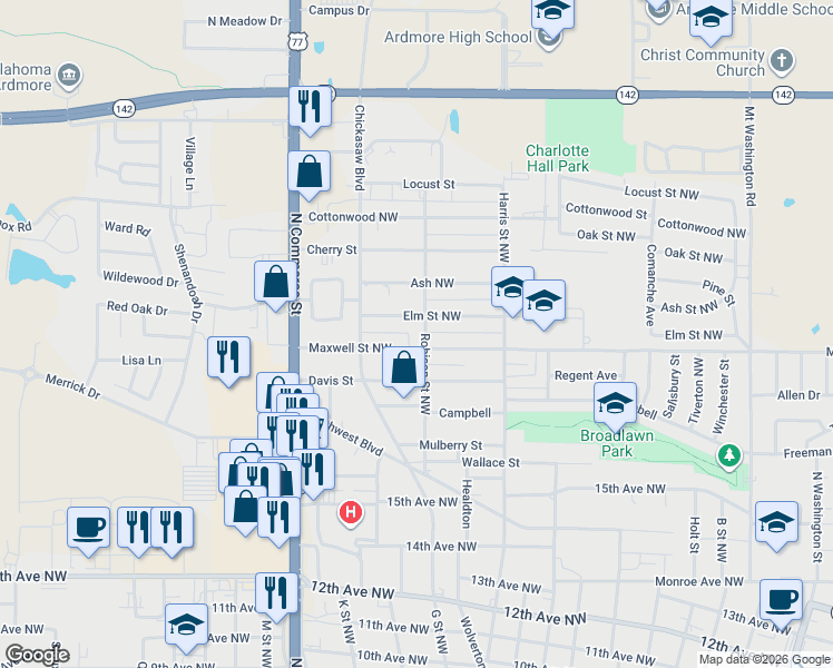 map of restaurants, bars, coffee shops, grocery stores, and more near 1809 Robison Street Northwest in Ardmore