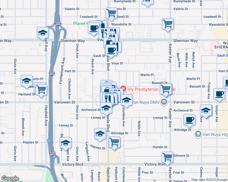 map of restaurants, bars, coffee shops, grocery stores, and more near 6850 Sepulveda Boulevard in Los Angeles