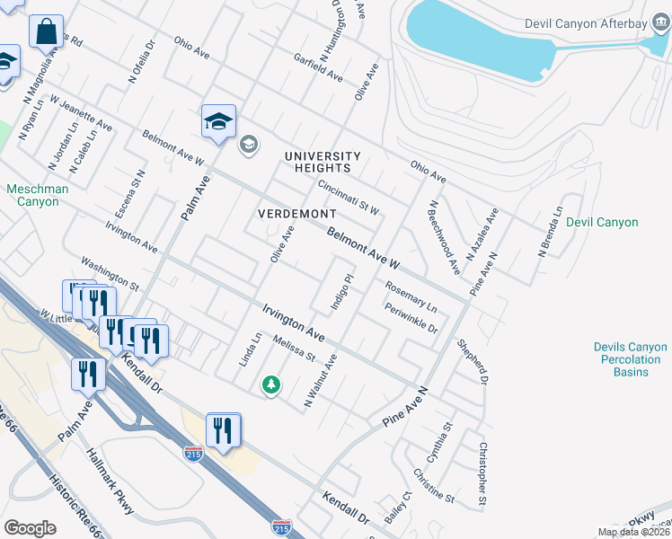 map of restaurants, bars, coffee shops, grocery stores, and more near 6275 Woodpine Avenue in San Bernardino