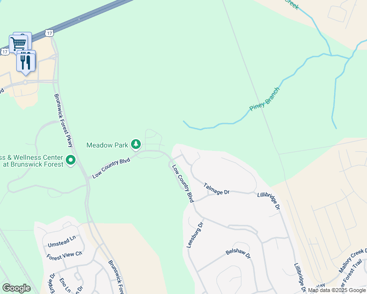 map of restaurants, bars, coffee shops, grocery stores, and more near 1112 Walbury Court in Leland