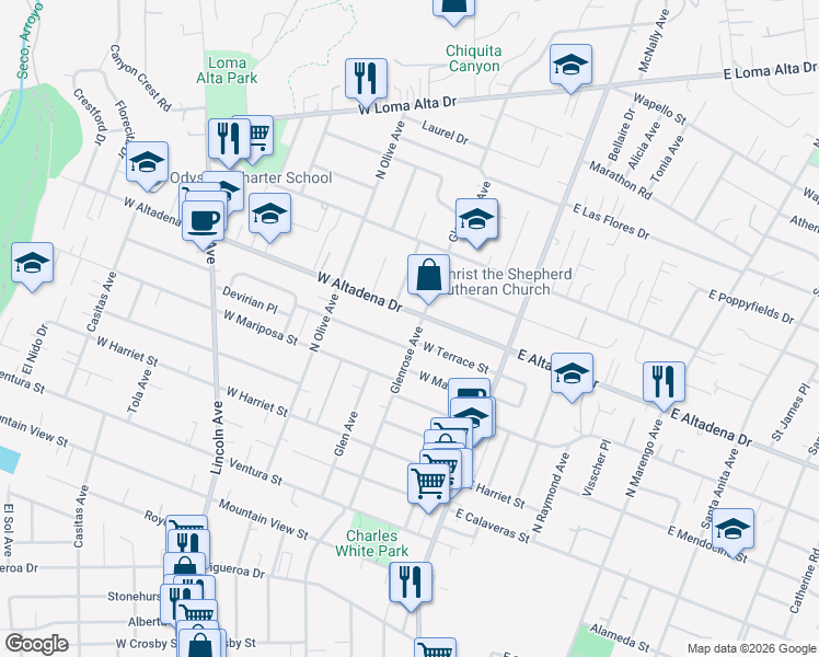 map of restaurants, bars, coffee shops, grocery stores, and more near 2941 Glenrose Avenue in Altadena