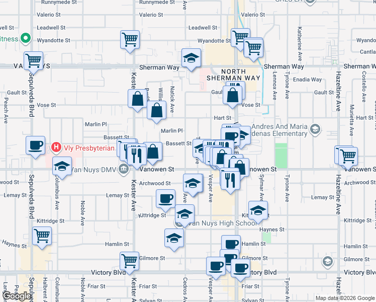 map of restaurants, bars, coffee shops, grocery stores, and more near 6842 Cedros Avenue in Los Angeles
