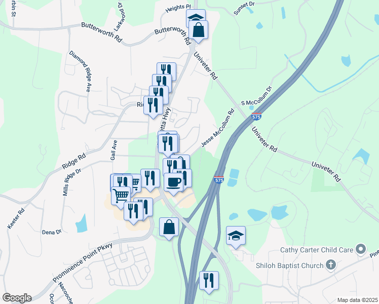 map of restaurants, bars, coffee shops, grocery stores, and more near 224 Cottonwood Creek Circle in Canton